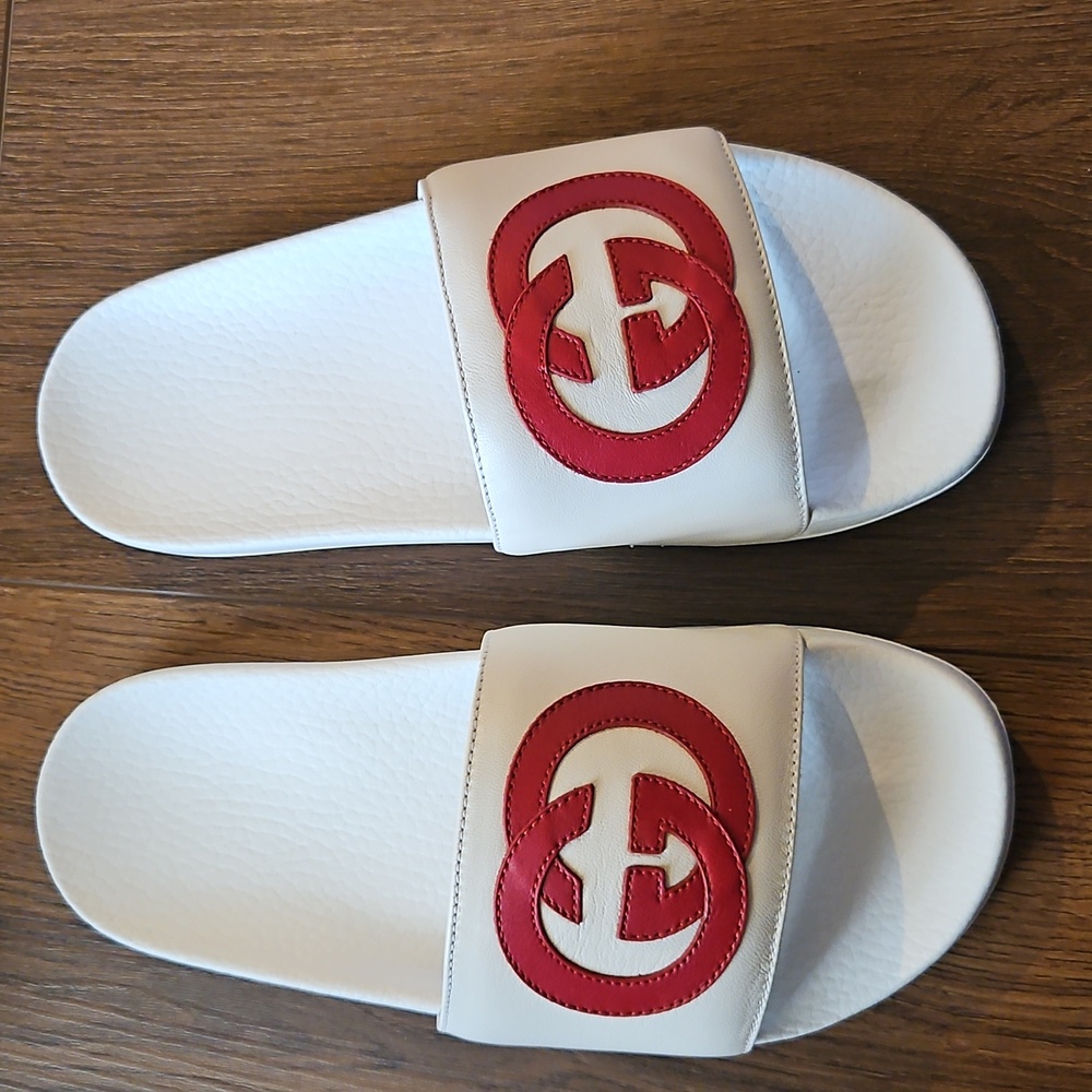 GUCCI INTERLOCKING G LEATHER SLIDES WHITE SIZE EU 38 - Picture 12 of 16